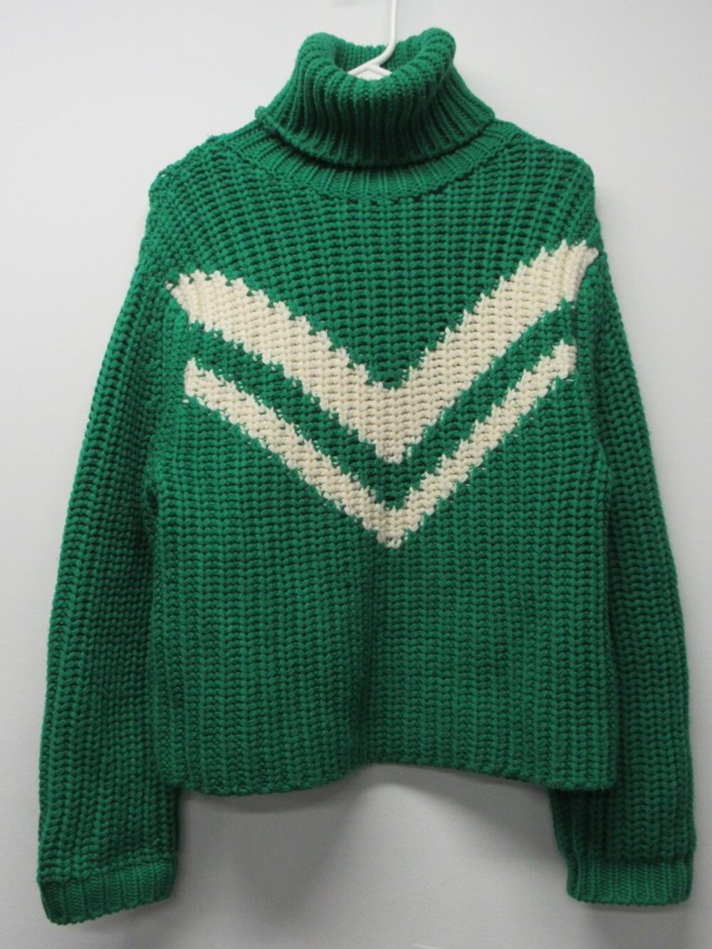 Tory Burch Sport Merino Chevron Turtleneck Sweater sz S Green Chunky Knit
